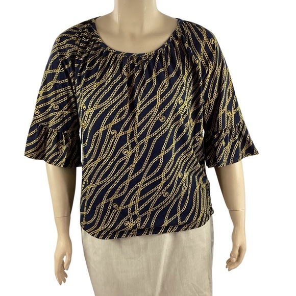 MICHAEL Michael Kors Tops - Michael Michael Kors Chain Print Scoop Neck Top Navy Gold Logo 1X
